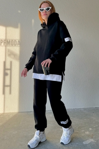 TKM-03516 Siyah Basic Detaylı Etiketli Kapüşonlu Sweatshirt Jogger Eşofman İkili Takım - Thumbnail