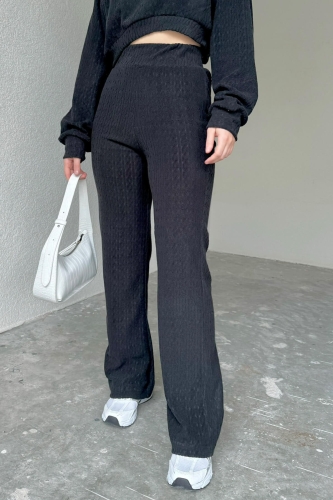 TKM-03517 Siyah Örgü Desenli Yumoş Kumaş Crop Bluz Salaş Pantolon İkili Takım - Thumbnail