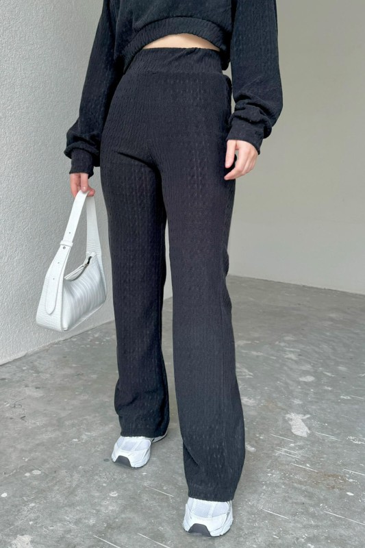 TKM-03517 Siyah Örgü Desenli Yumoş Kumaş Crop Bluz Salaş Pantolon İkili Takım