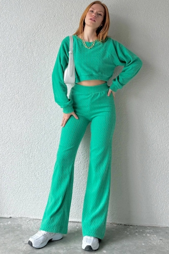 TKM-03517 Yeşil Örgü Desenli Yumoş Kumaş Crop Bluz Salaş Pantolon İkili Takım - Thumbnail