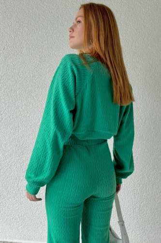 TKM-03517 Yeşil Örgü Desenli Yumoş Kumaş Crop Bluz Salaş Pantolon İkili Takım - Thumbnail
