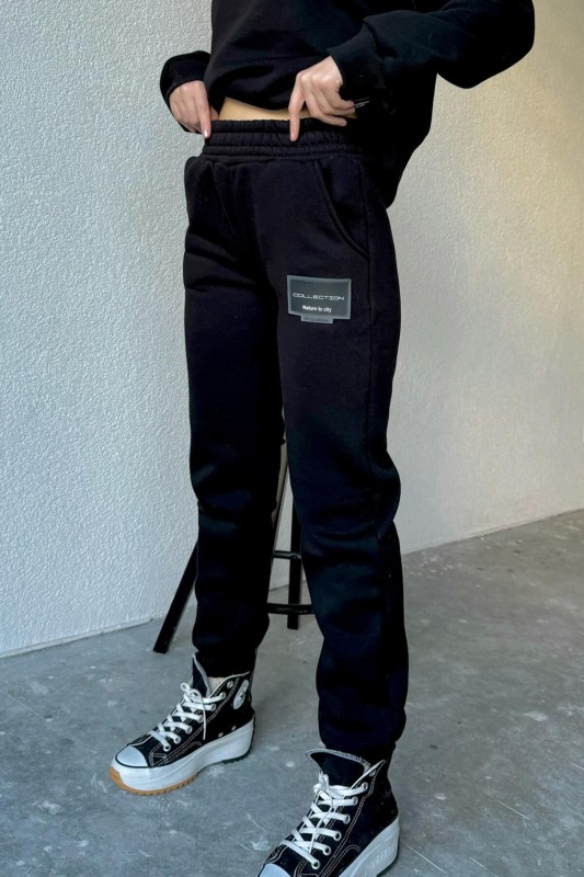 TKM-03519 Siyah Capp Etiket Detaylı Basic Sweatshirt Jogger Eşofman Üç İplik Şardonlu İkili Takım
