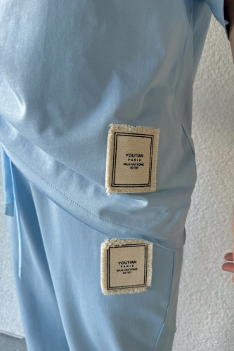 TKM-03537 Bebe Mavi Beyaz Örme Etiket Detaylı Salaş Tişört Palazzo Eşofman İkili Takım - Thumbnail