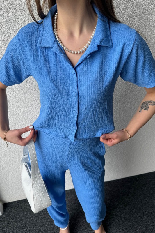 TKM-03546 Mavi Salaş Crop Gömlek Boru Paça Pantolon İkili Takım