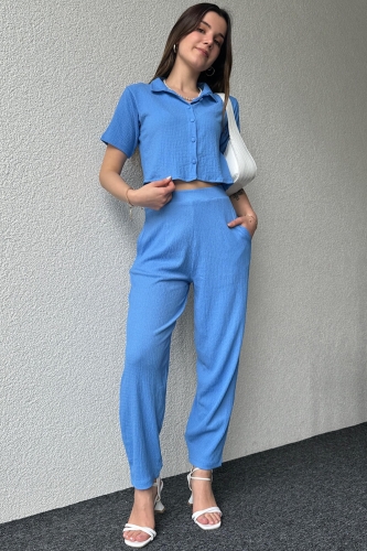 TKM-03546 Mavi Salaş Crop Gömlek Boru Paça Pantolon İkili Takım - Thumbnail