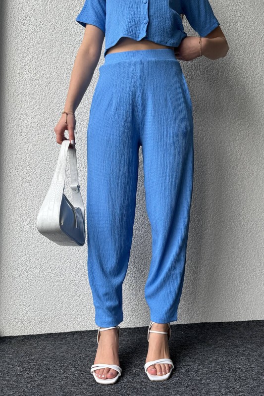TKM-03546 Mavi Salaş Crop Gömlek Boru Paça Pantolon İkili Takım