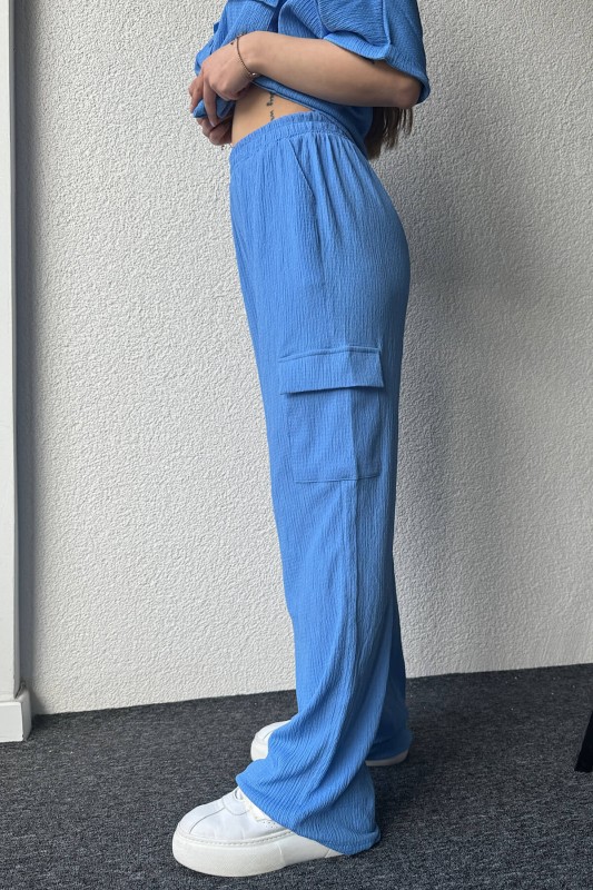 TKM-03547 Mavi Salaş Crop İki Cepli Gömlek Palazzo Kargo Cepli Pantolon İkili Takım
