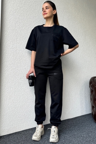 TKM-03555 Siyah Clothing Enjeksiyon Baskılı Cepli Tişört Baskılı Jogger Eşofman İkili Takım - Thumbnail