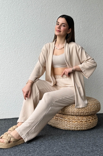 TKM-03559 Bej Rengi Kimono Bürümcük Kumaş Lastikli Pantolon Salaşİkili Takım - Thumbnail