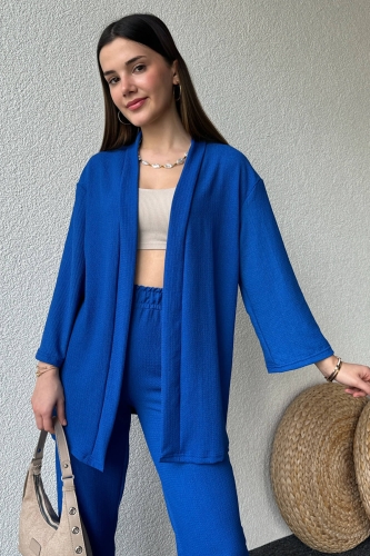 TKM-03559 Mavi Kimono Bürümcük Kumaş Lastikli Pantolon Salaşİkili Takım - Thumbnail