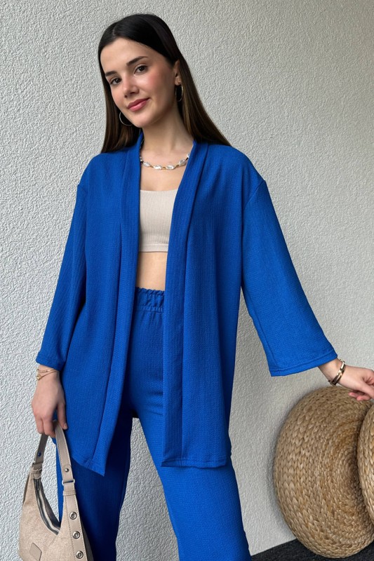 TKM-03559 Mavi Kimono Bürümcük Kumaş Lastikli Pantolon Salaşİkili Takım