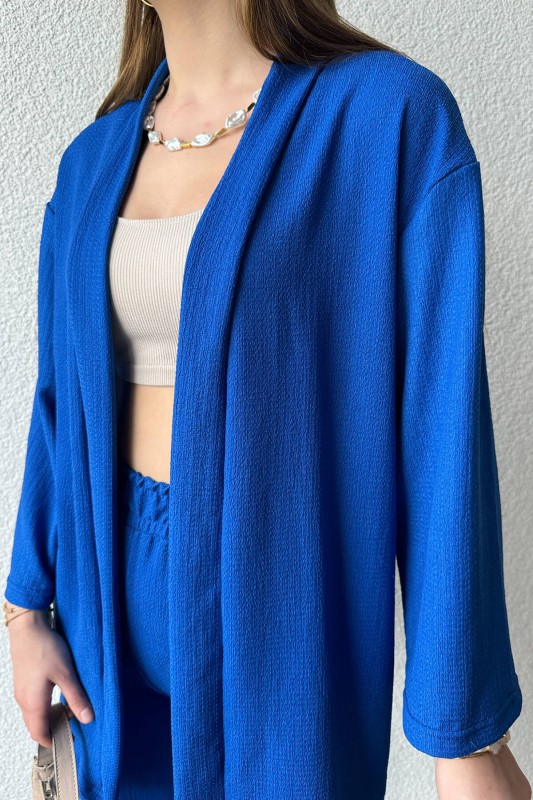 TKM-03559 Mavi Kimono Bürümcük Kumaş Lastikli Pantolon Salaşİkili Takım