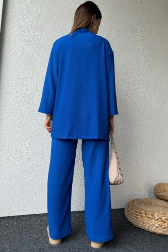 TKM-03559 Mavi Kimono Bürümcük Kumaş Lastikli Pantolon Salaşİkili Takım - Thumbnail