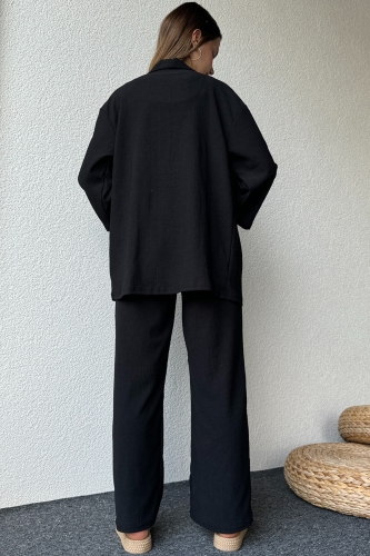 TKM-03559 Siyah Kimono Bürümcük Kumaş Lastikli Pantolon Salaşİkili Takım - Thumbnail