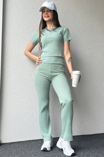 TKM-03560 Mint Yeşili Kaşkorse Kumaş Basic Bluz Pantolon İkili Takım - Thumbnail