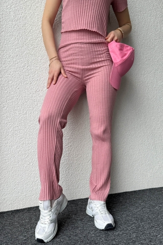 TKM-03560 Pudra Rengi Kaşkorse Kumaş Basic Bluz Pantolon İkili Takım - Thumbnail