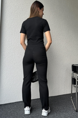 TKM-03560 Siyah Kaşkorse Kumaş Basic Bluz Pantolon İkili Takım - Thumbnail