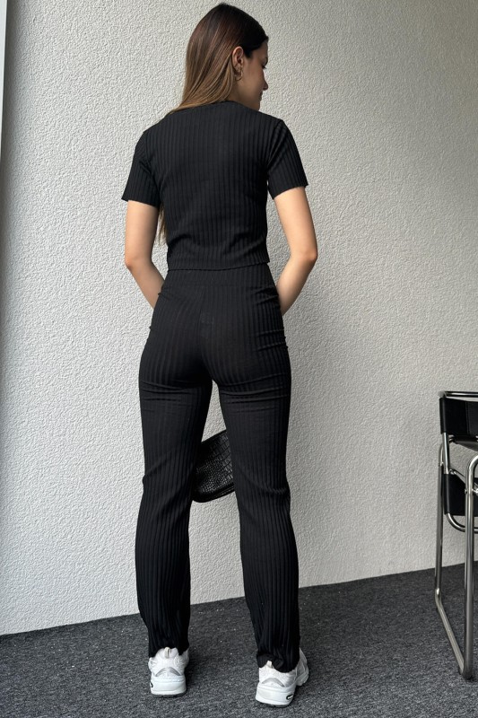 TKM-03560 Siyah Kaşkorse Kumaş Basic Bluz Pantolon İkili Takım