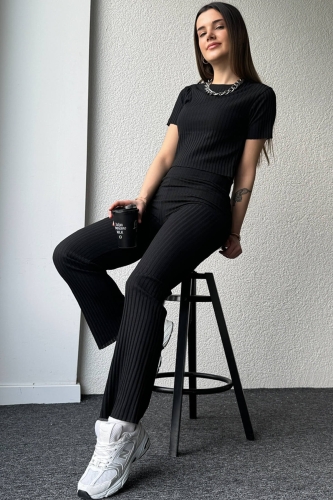 TKM-03560 Siyah Kaşkorse Kumaş Basic Bluz Pantolon İkili Takım - Thumbnail