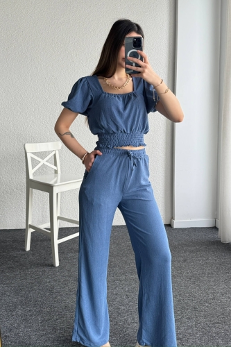 TKM-03561 Mavi Kare Yaka Lastikli Bluz Salaş Pantolon İkili Takım - Thumbnail