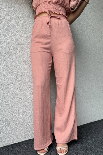 TKM-03561 Pudra Rengi Kare Yaka Lastikli Bluz Salaş Pantolon İkili Takım - Thumbnail