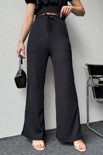 TKM-03561 Siyah Kare Yaka Lastikli Bluz Salaş Pantolon İkili Takım - Thumbnail