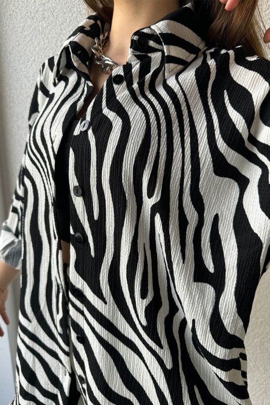 TKM-03568 Siyah Beyaz Zebra Desen Gömlek Salaş Pantolon İkili Takım