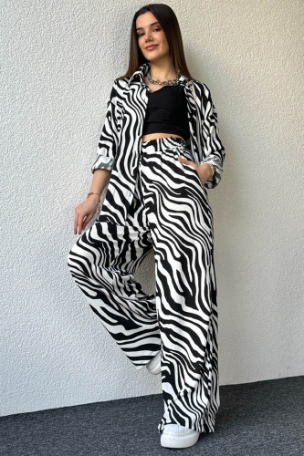 TKM-03568 Siyah Beyaz Zebra Desen Gömlek Salaş Pantolon İkili Takım - Thumbnail