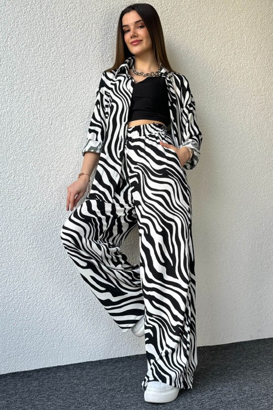 TKM-03568 Siyah Beyaz Zebra Desen Gömlek Salaş Pantolon İkili Takım