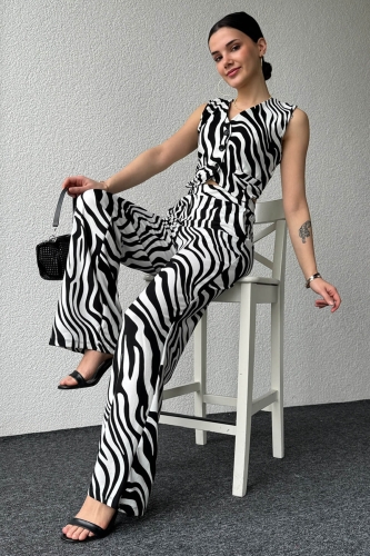 TKM-03569 Siyah Beyaz Zebra Desen Yelekli Süs Cep Salaş Pantolon İkili Takım - Thumbnail