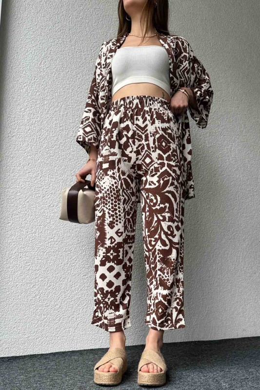 TKM-03571 Kahverengi Batik Desenli Kimono Havuç Pantolon İkili Takım