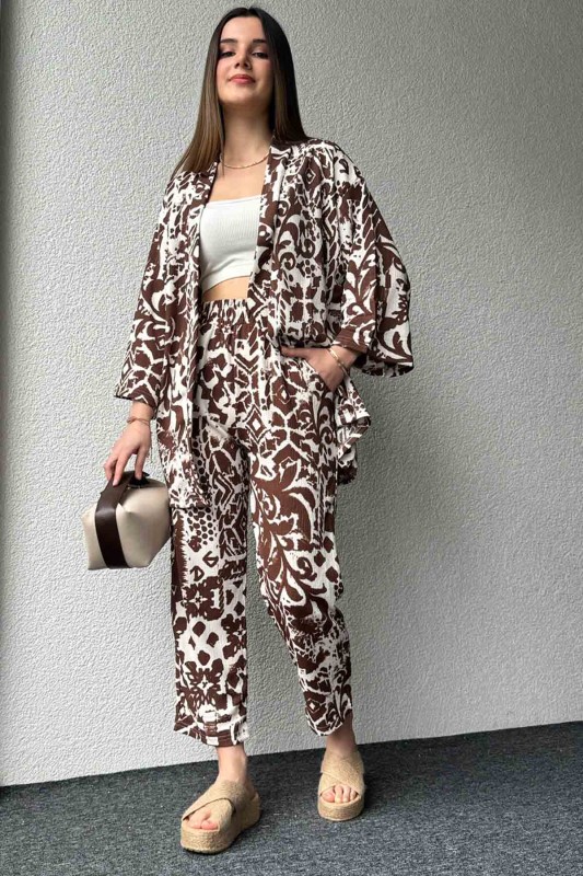 TKM-03571 Kahverengi Batik Desenli Kimono Havuç Pantolon İkili Takım