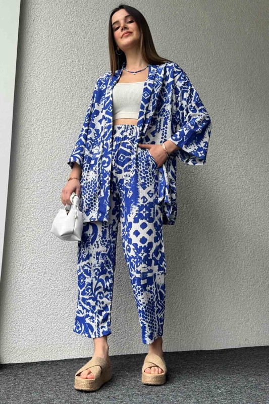 TKM-03571 Mavi Batik Desenli Kimono Havuç Pantolon İkili Takım