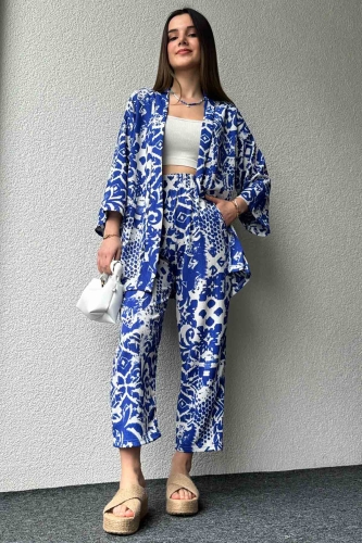 TKM-03571 Mavi Batik Desenli Kimono Havuç Pantolon İkili Takım - Thumbnail