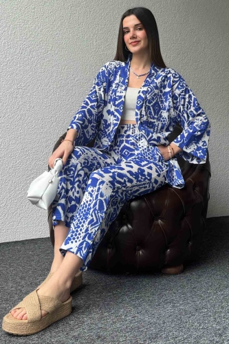 TKM-03571 Mavi Batik Desenli Kimono Havuç Pantolon İkili Takım - Thumbnail