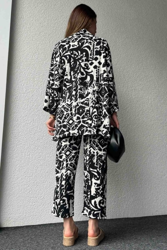 TKM-03571 Siyah Batik Desenli Kimono Havuç Pantolon İkili Takım - Thumbnail