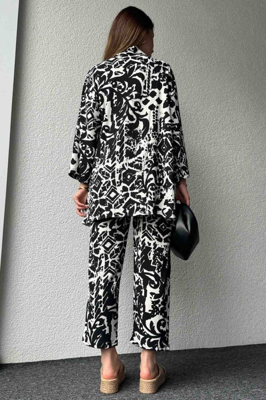 TKM-03571 Siyah Batik Desenli Kimono Havuç Pantolon İkili Takım