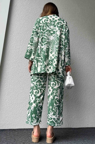 TKM-03571 Yeşil Batik Desenli Kimono Havuç Pantolon İkili Takım - Thumbnail