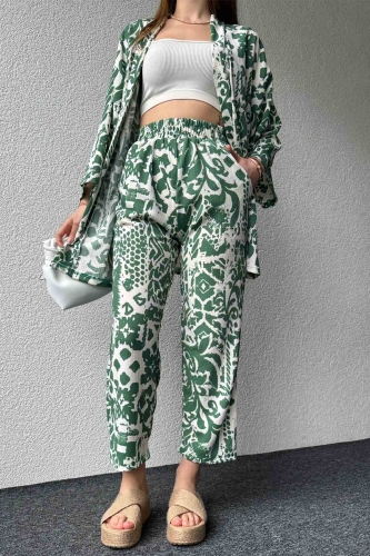 TKM-03571 Yeşil Batik Desenli Kimono Havuç Pantolon İkili Takım - Thumbnail