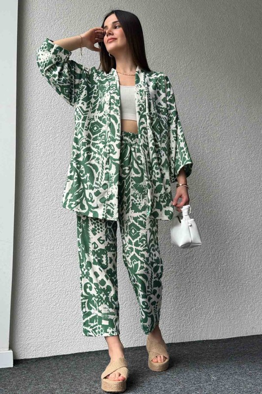 TKM-03571 Yeşil Batik Desenli Kimono Havuç Pantolon İkili Takım