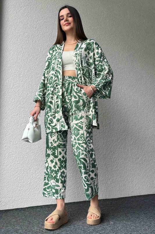 TKM-03571 Yeşil Batik Desenli Kimono Havuç Pantolon İkili Takım