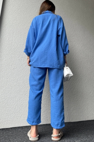 TKM-03572 Mavi Keten Gömlek Havuç Pantolon İkili Takım - Thumbnail