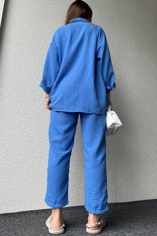 TKM-03572 Mavi Keten Gömlek Havuç Pantolon İkili Takım