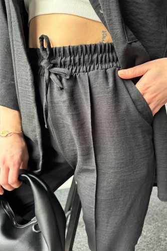 TKM-03572 Siyah Keten Gömlek Havuç Pantolon İkili Takım - Thumbnail
