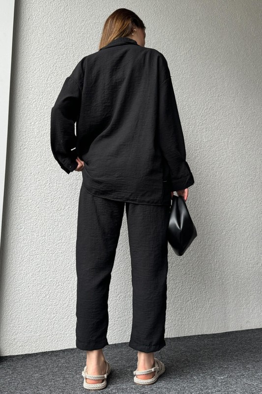 TKM-03572 Siyah Keten Gömlek Havuç Pantolon İkili Takım