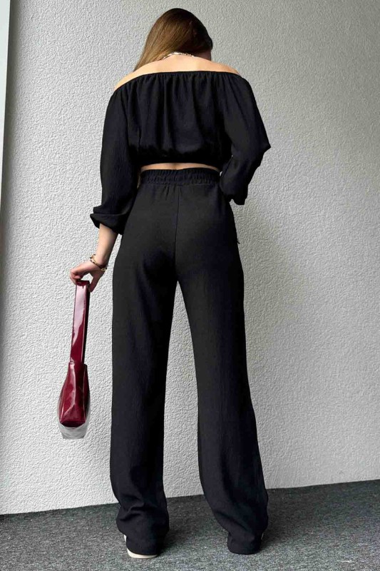 TKM-03573 Siyah Bürümcük Kumaş Kayık Yaka Lastikli Bluz Palazzo Pantolon İkili Takım