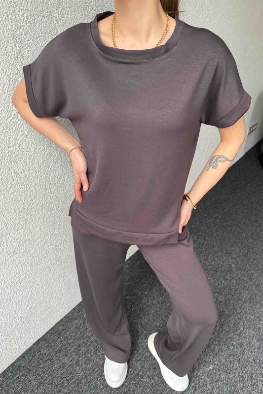 TKM-03574 Füme Modal Kumaş Basic Tshirt Palazzo Pantolon İkili Takım