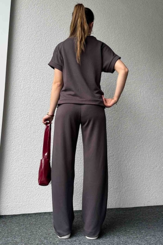 TKM-03574 Füme Modal Kumaş Basic Tshirt Palazzo Pantolon İkili Takım - Thumbnail