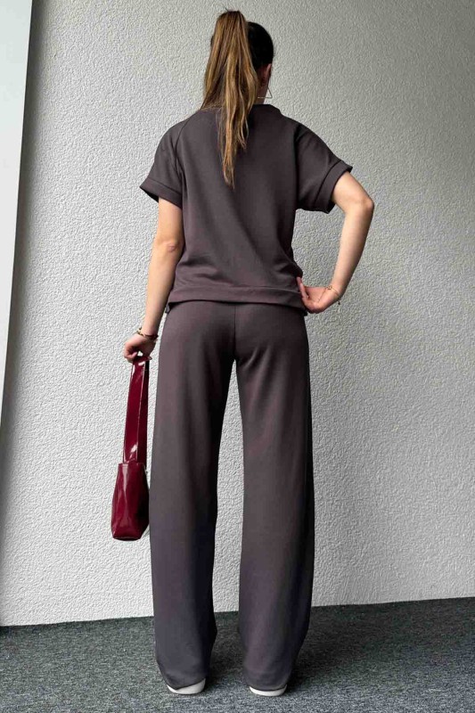 TKM-03574 Füme Modal Kumaş Basic Tshirt Palazzo Pantolon İkili Takım