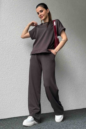 TKM-03574 Füme Modal Kumaş Basic Tshirt Palazzo Pantolon İkili Takım - Thumbnail